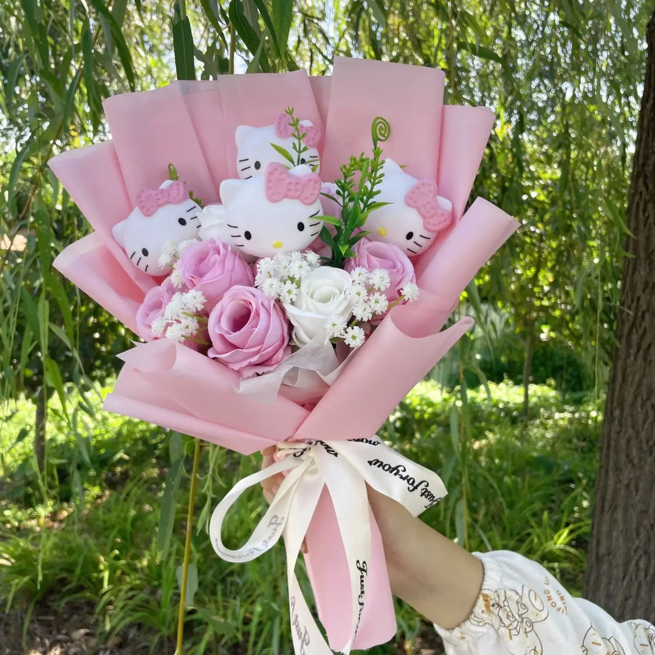 Kawaii Hello Kitty Cat Dolls with Artificial Flowers Creative Sanrio Bouquet Christmas Valentine Birthday Graduation Gifts