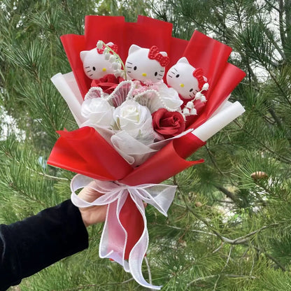 Kawaii Hello Kitty Cat Dolls with Artificial Flowers Creative Sanrio Bouquet Christmas Valentine Birthday Graduation Gifts