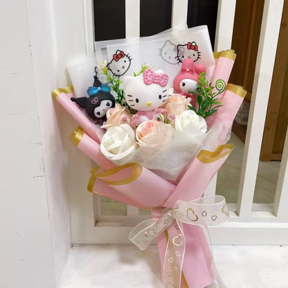 Kawaii Hello Kitty Cat Dolls with Artificial Flowers Creative Sanrio Bouquet Christmas Valentine Birthday Graduation Gifts