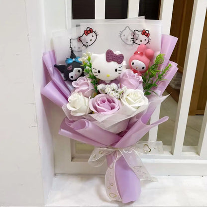 Kawaii Hello Kitty Cat Dolls with Artificial Flowers Creative Sanrio Bouquet Christmas Valentine Birthday Graduation Gifts