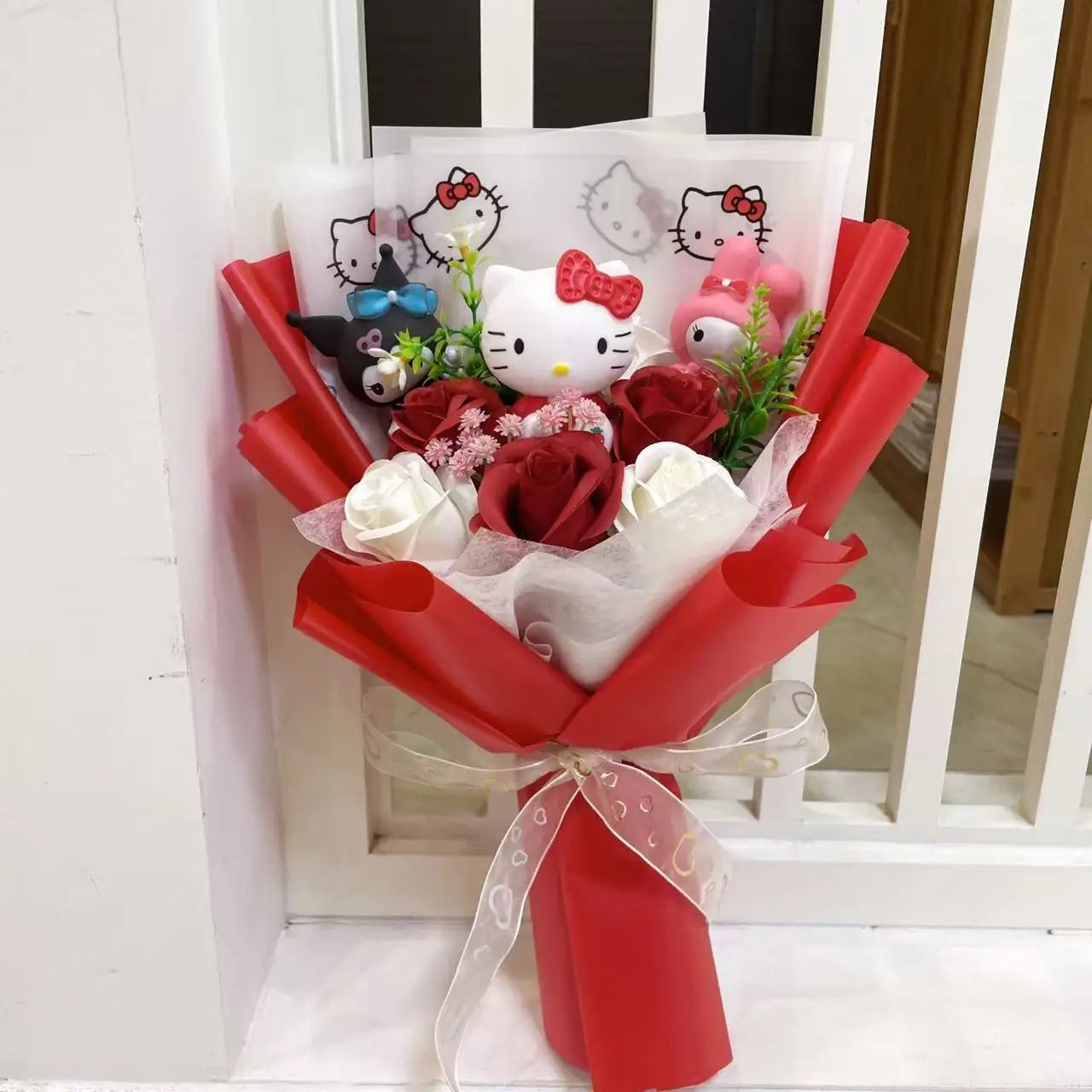 Kawaii Hello Kitty Cat Dolls with Artificial Flowers Creative Sanrio Bouquet Christmas Valentine Birthday Graduation Gifts