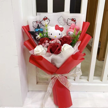 Kawaii Hello Kitty Cat Dolls with Artificial Flowers Creative Sanrio Bouquet Christmas Valentine Birthday Graduation Gifts